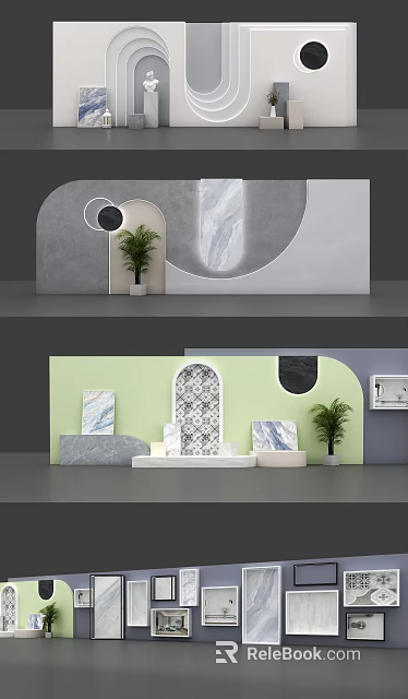 Modern Interior Design With Green Wall Arched Doorway Marble Accents Geometric Shapes And Potted Plant 3d model 