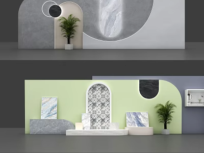 Modern Interior Design With Green Wall Arched Doorway Marble Accents Geometric Shapes And Potted Plant 3d model