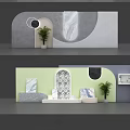 Modern Interior Design With Green Wall Arched Doorway Marble Accents Geometric Shapes And Potted Plant