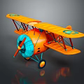 Detailed Orange Vintage Biplane Model with Blue Propeller and Wheels on Dark Background