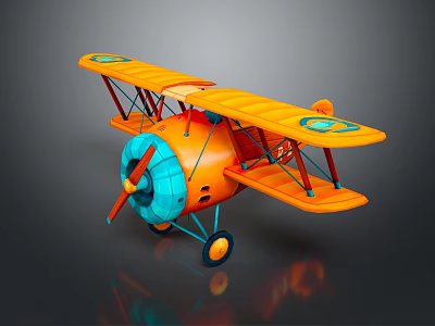 Detailed Orange Vintage Biplane Model with Blue Propeller and Wheels on Dark Background 3d model