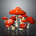 Fresh Red Mushrooms with White Spots in a Cluster on Black Surface