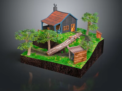 Cozy Wooden House With Red Roof Blue Walls Chimney Trees Grass Log And Small Shed 3d model