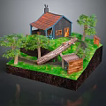 Cozy Wooden House With Red Roof Blue Walls Chimney Trees Grass Log And Small Shed