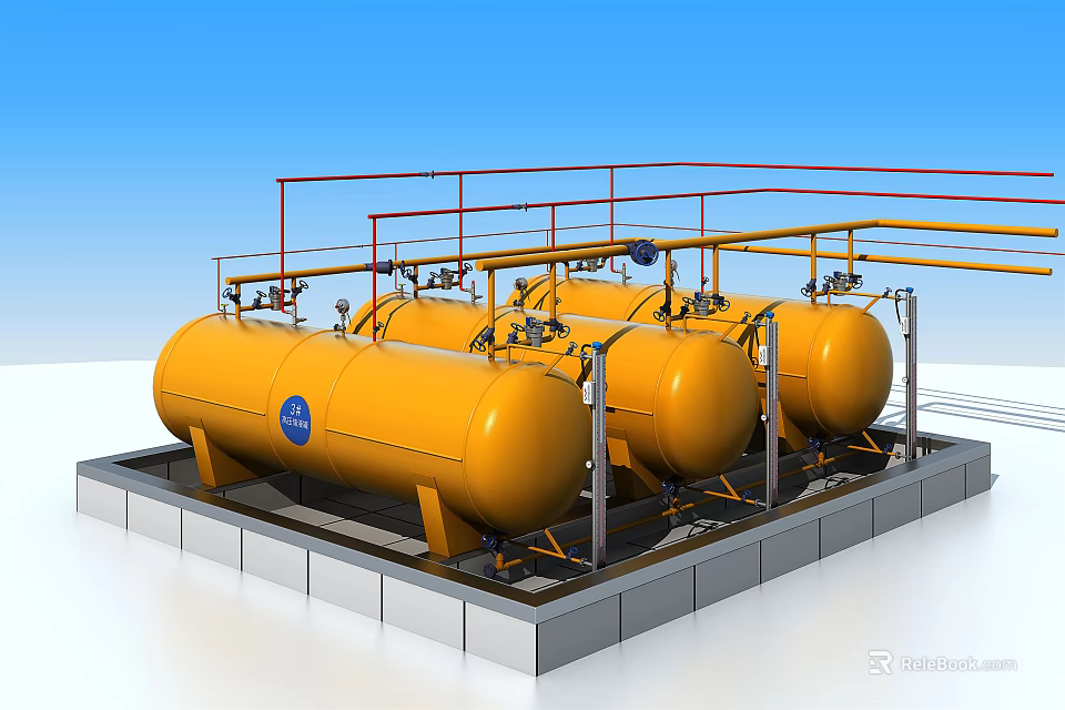 Industrial Storage Equipment Featuring Yellow Tanks Multiple Units With Pipes And Platforms 3d model