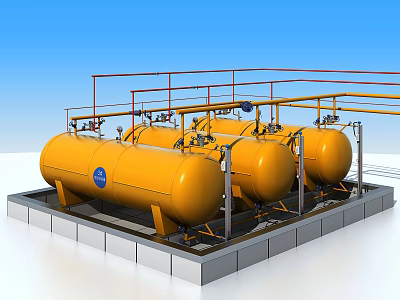 Industrial Storage Equipment Featuring Yellow Tanks Multiple Units With Pipes And Platforms 3d model