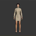 Woman In Beige High Neck Long Sleeve Dress Short Dark Hair Blue Shoes Gray Background
