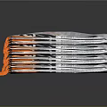 Stacked Gray White Furniture Blankets With Orange Tassels And Abstract Patterns