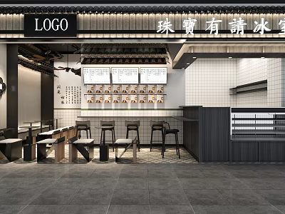 Modern Milk Tea Shop Interior Design With Counter Tables Chairs And Menu Boards 3d model