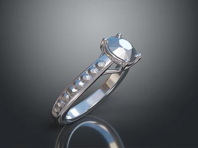 Elegant Silver Diamond Ring With Solitaire Center And Side Stones 3d model