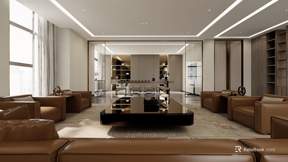 Modern Teahouse Interior Design With Leather Sofas Glass Partitions And Marble Coffee Table 3d model