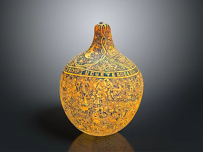 Decorative Gourd Shaped Daily Use Container With Yellow Black Intricate Carved Patterns 3d model