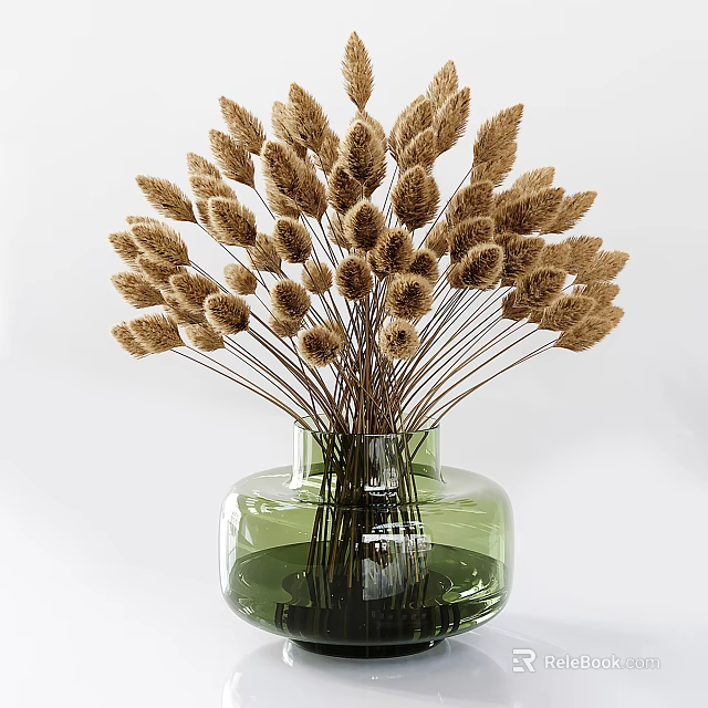 Green Glass Vase With Brown Dried Spikey Flowers Modern Decor Arrangement 3d model 