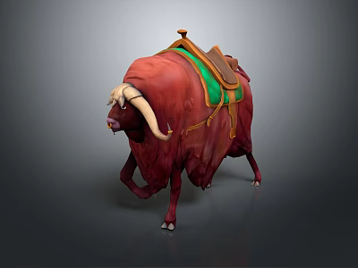 Red Mythical Yak With Green Saddle For Adventurous Rider Character 3d model