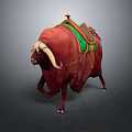 Red Mythical Yak With Green Saddle For Adventurous Rider Character