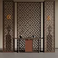 Modern Wooden Room Divider With Geometric Patterns Console Table And Warm Lighting 3d model