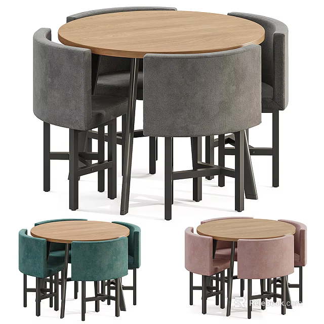 Modern Round Dining Table Set With Upholstered Multi Colored Chairs For Home Decor 3d model 