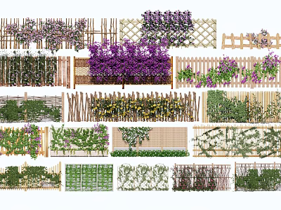 Various Garden Fence Designs Bamboo And Wooden With Purple Flowers Green Vines 3d model
