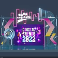 Vibrant Neon Digital Trends 2022 Exhibition Stage With Tech Elements And Figures