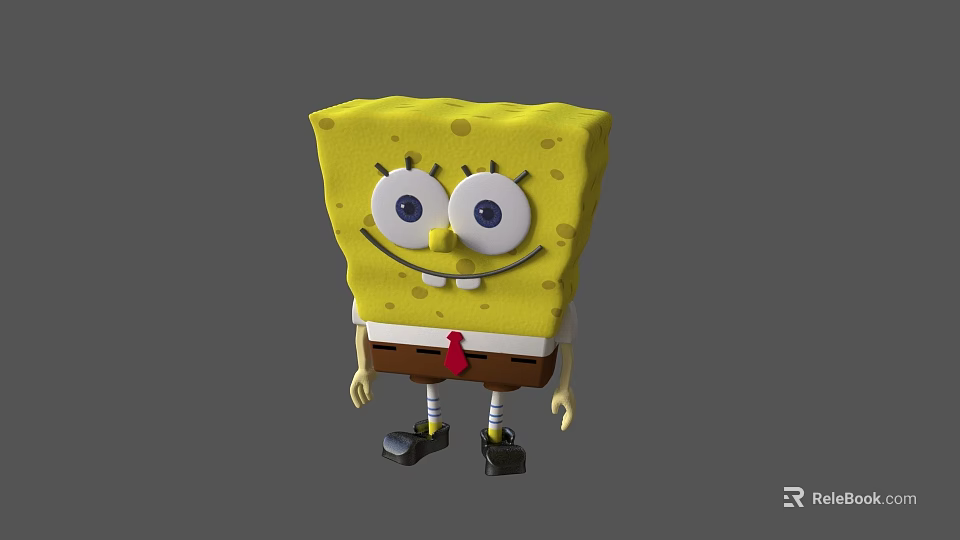 SpongeBob SquarePants Character With Big Eyes Smile Brown Shorts White Shirt Red Tie Black Shoes 3d model 