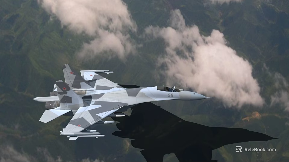 Military Fighter Jet Flying Over Mountainous Terrain With Cloudy Sky Background 3d model 