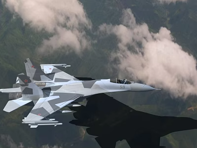 Military Fighter Jet Flying Over Mountainous Terrain With Cloudy Sky Background 3d model