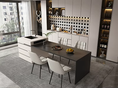 Modern Open Restaurant Interior With Dining Table White Chairs And Large Windows 3d model