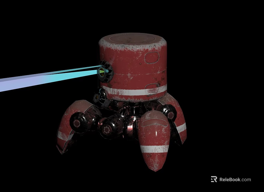 Red Cylindrical Mechanical Device With Multiple Legs And Blue Light Beam 3d model 