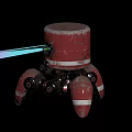 Red Cylindrical Mechanical Device With Multiple Legs And Blue Light Beam