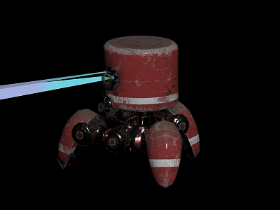 Red Cylindrical Mechanical Device With Multiple Legs And Blue Light Beam 3d model