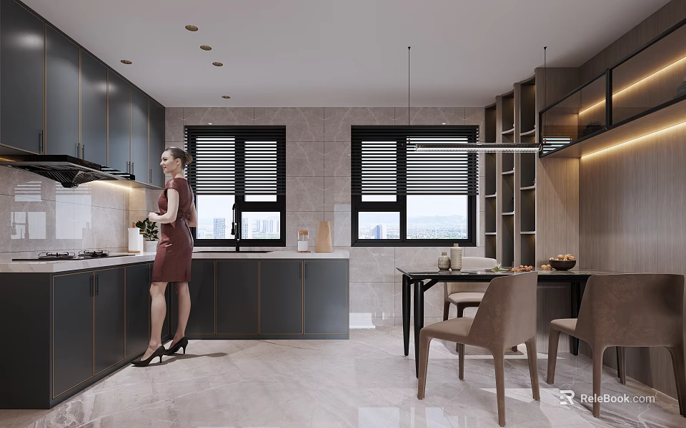 Modern Open Dining and Living Room Interior With Gray Cabinets Wooden Table And Leather Chairs 3d model 
