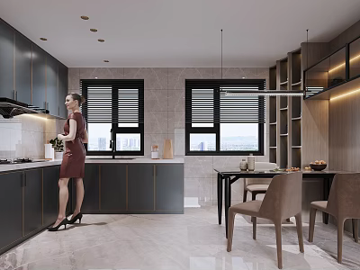 Modern Open Dining and Living Room Interior With Gray Cabinets Wooden Table And Leather Chairs 3d model