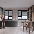 Modern Open Dining and Living Room Interior With Gray Cabinets Wooden Table And Leather Chairs
