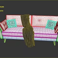 Modern Minimalist White Sofa With Geometric Pattern Pillows Dark Striped Blanket And Red Legs