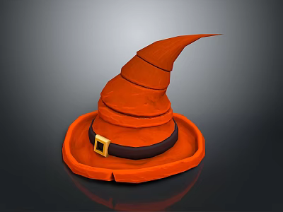Orange Witch Hat with Black Belt and Gold Buckle Conical Crown and Round Brim 3d model