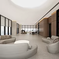 Elegant Modern Office Open Space With Sofas Round Coffee Tables Large Windows And Wooden Bookshelves