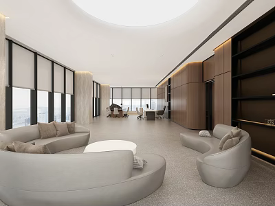 Elegant Modern Office Open Space With Sofas Round Coffee Tables Large Windows And Wooden Bookshelves 3d model