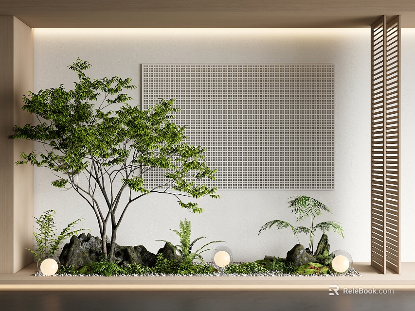 Natural Indoor Landscape With Green Trees Rocks Grid Wall And Lighting 3d model 