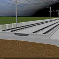 Railway Track Infrastructure With White Guardrails Lamp Posts And Green Fields 3d model