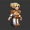 Cartoon Style 3D Character With Blonde Hair Green Eyes White Robe Gold Orange Accents