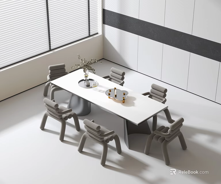 Modern Dining Table Set with White Tabletop Six Gray Chairs Vase and Decorations 3d model