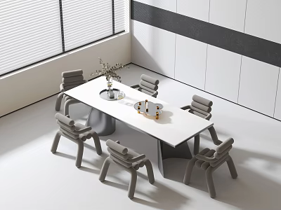 Modern Dining Table Set with White Tabletop Six Gray Chairs Vase and Decorations 3d model