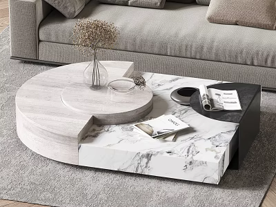 Modern Coffee Table With Marble Texture Featuring Vase Magazines And Sofa In Living Room 3d model