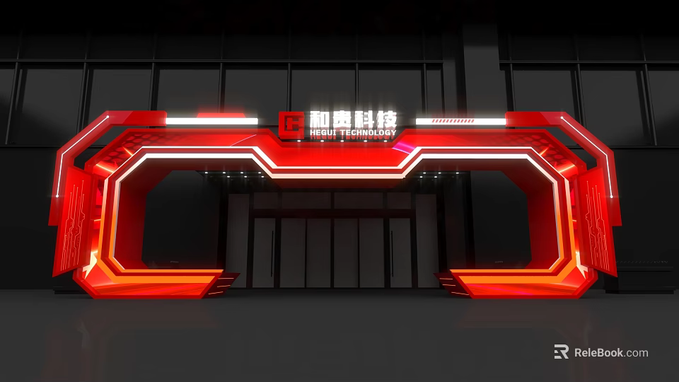 He Ying Technology Modern Event Entrance With Red Illuminated Geometric Frame Design 3d model 