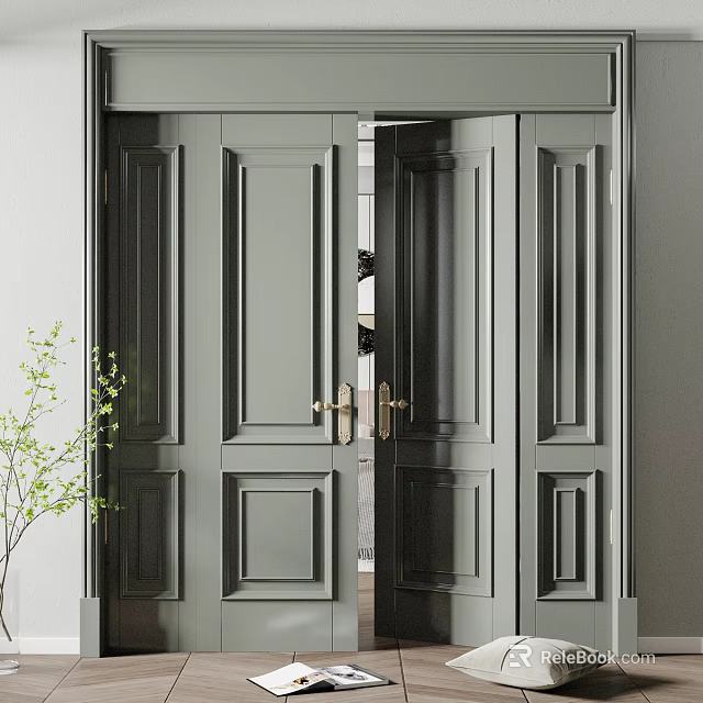 Elegant Gray Paneled Double Doors With Brass Handles For Interior Design 3d model