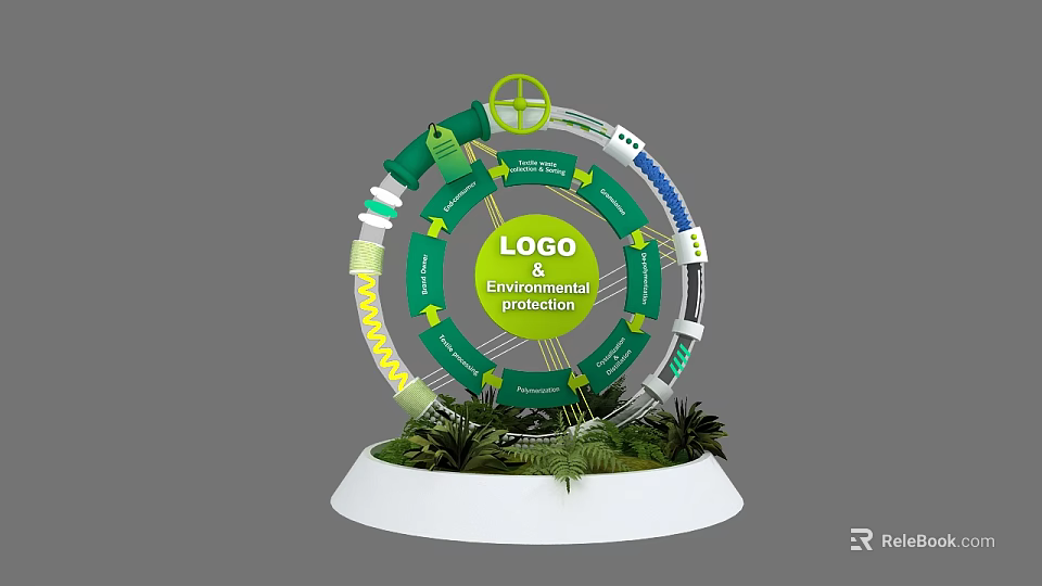 Art Installation With Circular Structure Information Projection And Green Plant Base 3d model