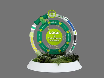 Art Installation With Circular Structure Information Projection And Green Plant Base 3d model