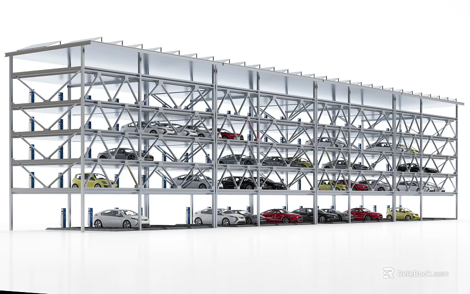 Modern Multi Level Car Parking Structure With Metal Frames And Parked Vehicles 3d model 