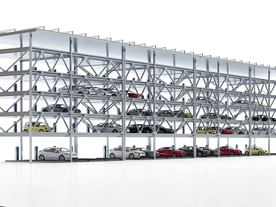 Modern Multi Level Car Parking Structure With Metal Frames And Parked Vehicles 3d model