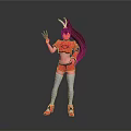 Woman In Red Outfit Long Hair Rabbit Ears Headpiece Gray Thigh High Socks Red Shoes